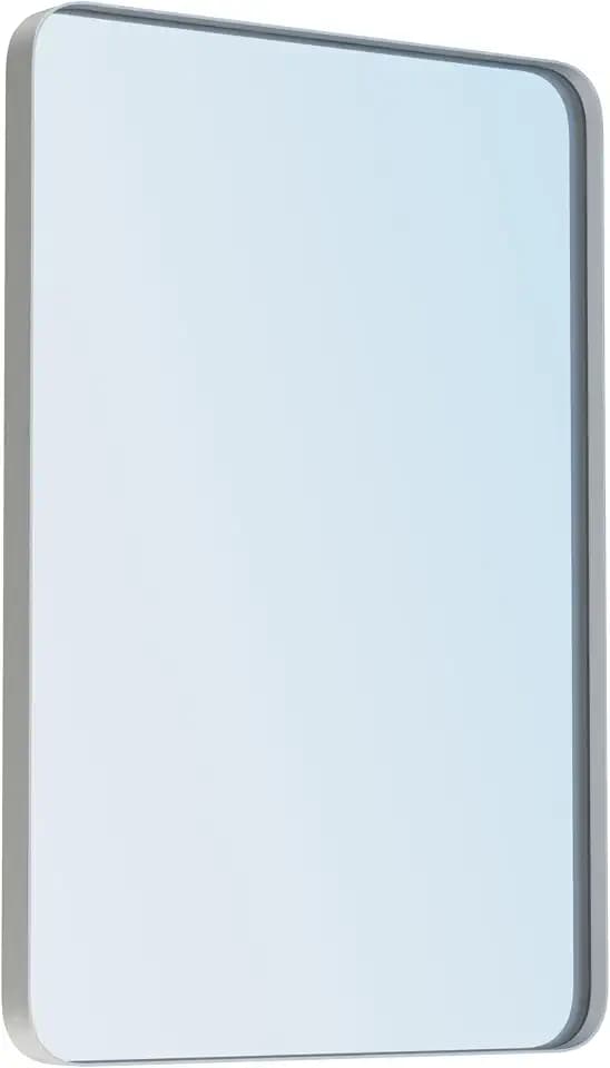 VocalStar Silver Bathroom Mirror for Wall, 24 x 32 Inch Rounded Rectangle Nickel Metal Framed Bathroom Vanity Mirrors, 1/4-inch Shatterproof Glass | Ultra-Flush Hanging