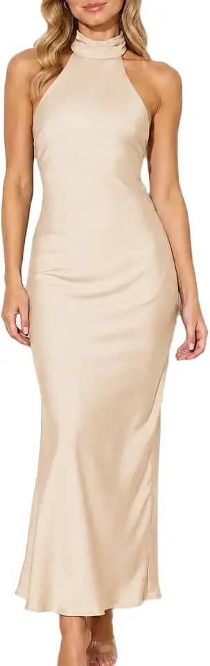 Women Summer Satin Halter Neck Backless Formal Wedding Guest Maxi Dress