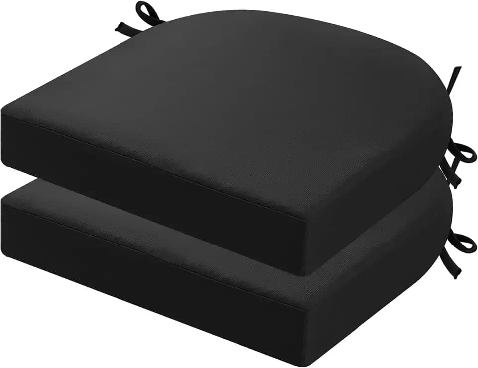 Outdoor Gartenstuhlkissen 2er-Set, dick 7 cm, Terrasse, wasserdichte Sitzkissen mit Bändern für Gartenmöbel, U-förmige Stuhl-Esskissen, 45 x 45 cm, Schwarz