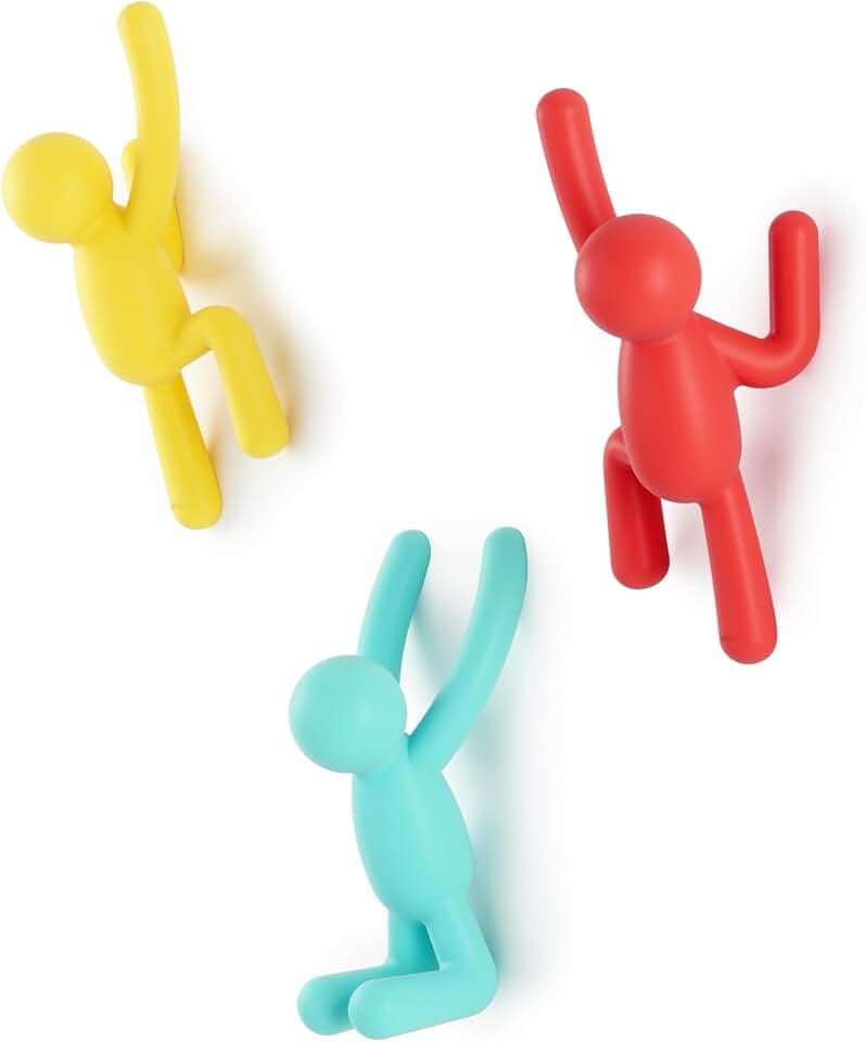 Umbra Buddy Wandhaken Garderobenleiste, 3er-Set, Rot/Gelb/Blau | Bis 2,3 kg pro Haken belastbar, einfache Montage, Befestigungsmaterial inklusive, recycelter Kunststoff