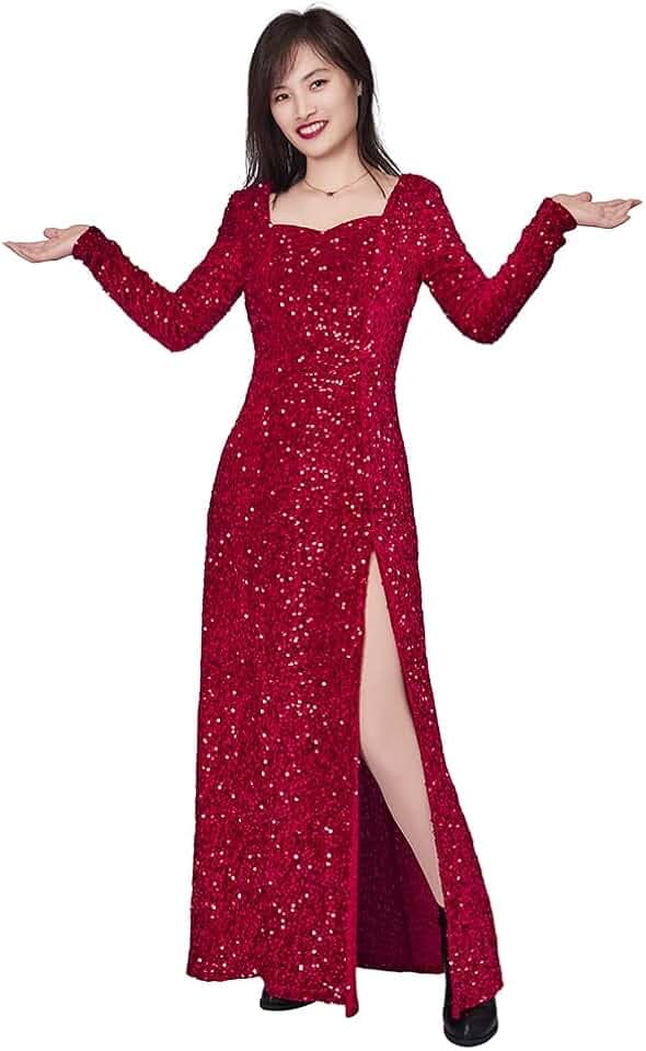 Willyacos Fairy Godmother Costume Dress Side Slit Red Sequin Fairy God Mother Costume Dress Adult