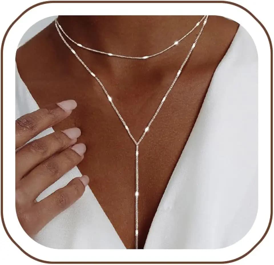 Luxval Lariat Gold Necklace for Women, Dainty Long Necklace 14k Gold Plated/Silver Y-Shaped Pendant Necklaces Trendy Beaded Chain Drop Necklaces Jewelry for Women Gifts