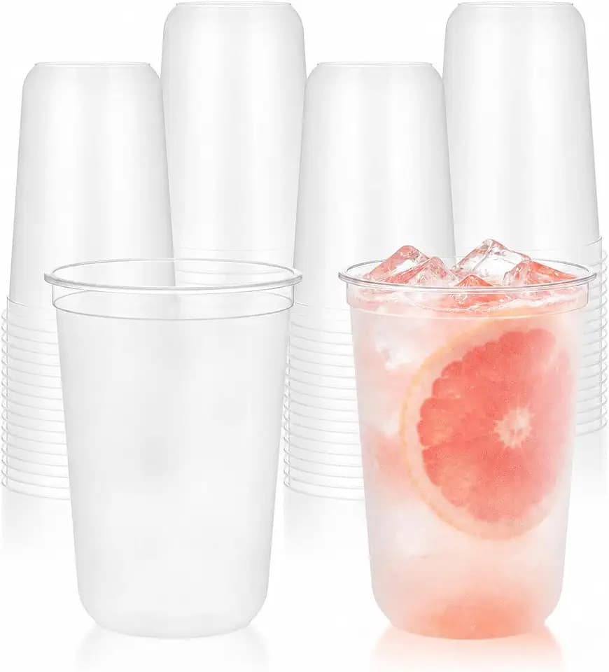 KesaPlan 50 Pack 16oz Clear Frosted Disposable Round Bottom Plastic Cups