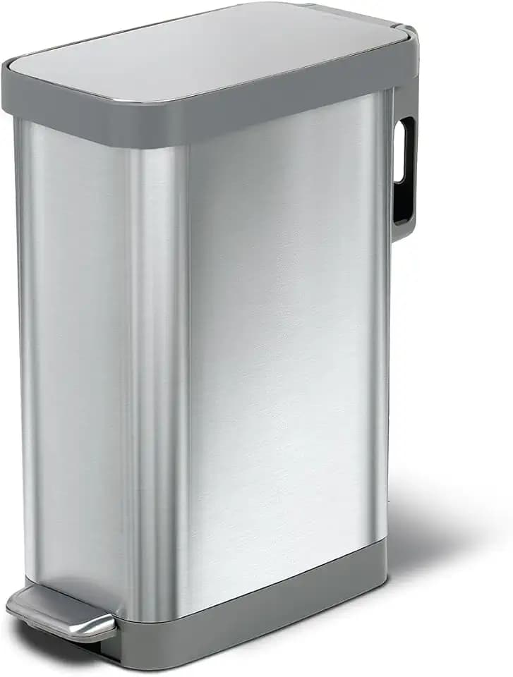 Glad Slim Trash Can with Clorox Odor Protection - Narrow Kitchen Garbage Bin with Soft Close Lid, Step On Foot Pedal and Waste Bag Roll Holder, All Stainless, 12 Gallon/45 Liter