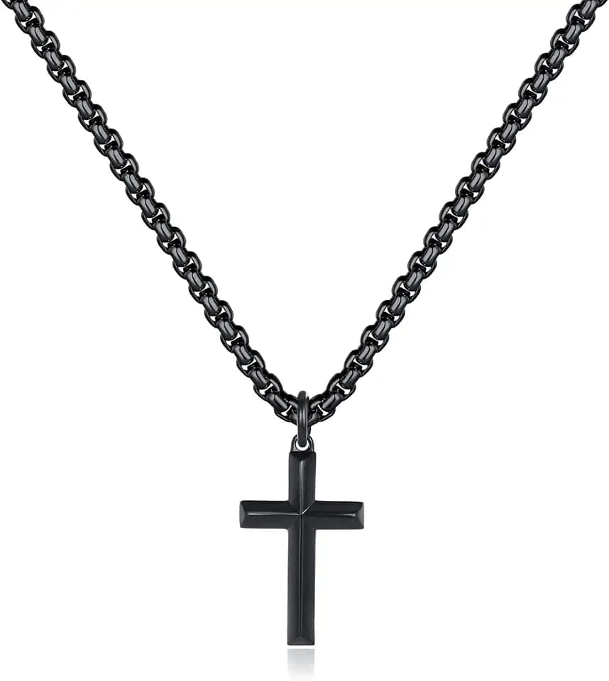 REVEMCN Christian Black Gold Silver Cross Necklace for Boys & Men, 16-22"