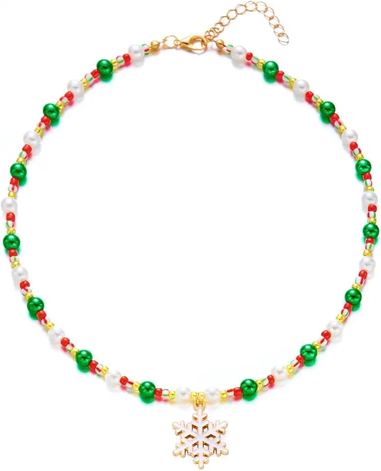 Colorful Beaded Christmas Tree Snowflake Pendant Necklace for Women Dainty Christmas Themed Red Green Beads Choker Necklaces Xmas Party Festival Jewelry