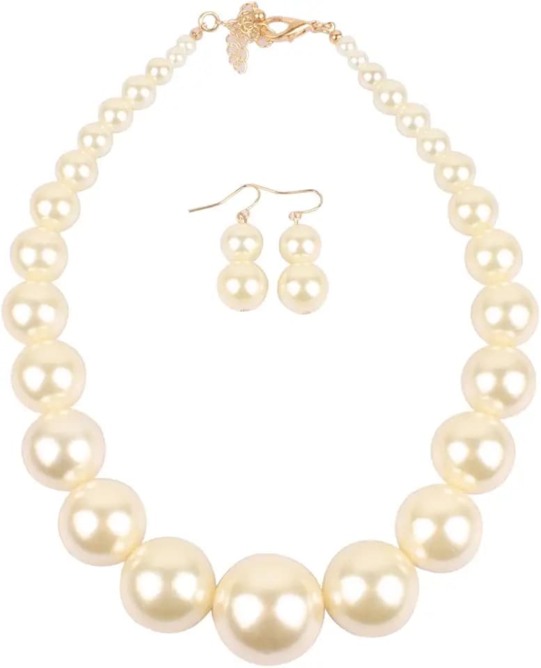 Large Style Big Imitate Pearl Strand Choker Necklace With Earrings Set