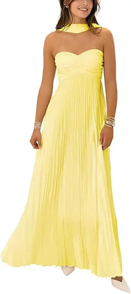 Women Bridesmaid Dresses with Scarf Strapless Pleated Flowy Solid Long Formal Wedding Guest Dress Womens Fall Dresses