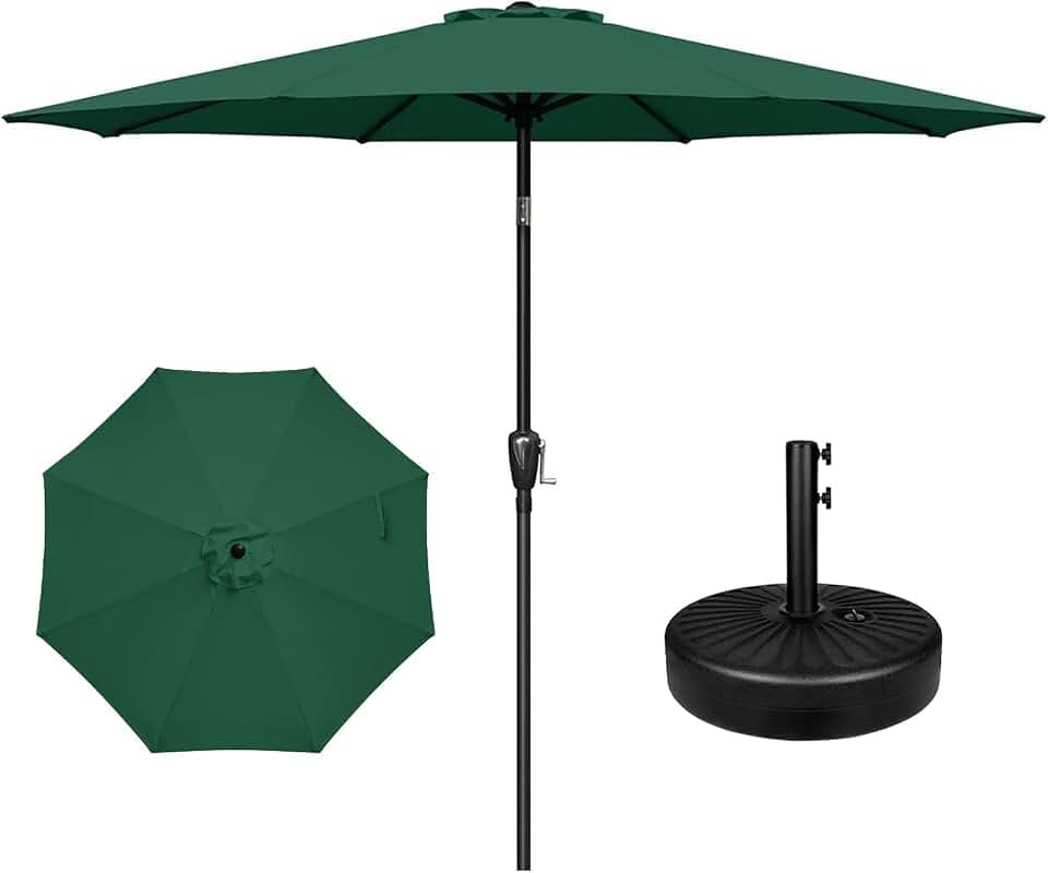 YSSOA 9' Patio Umbrella with 50lbs 20" Capacity Fillable Heavy Duty Round Base, 8 Sturdy Ribs, for Outdoor Lawn, Deck, Poolside, Green and Black