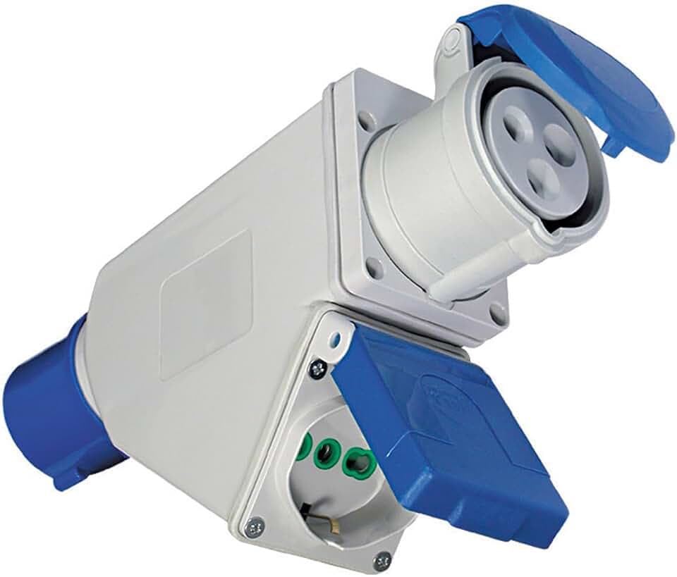 Industrielle Adapter Dual Stecker: 2P + EWG, blau. Stecker: 1 Stecker 2P + T 16 A CEE Blau 1 Stecker 2P + T 16 A Bypass Schuko – IP44.