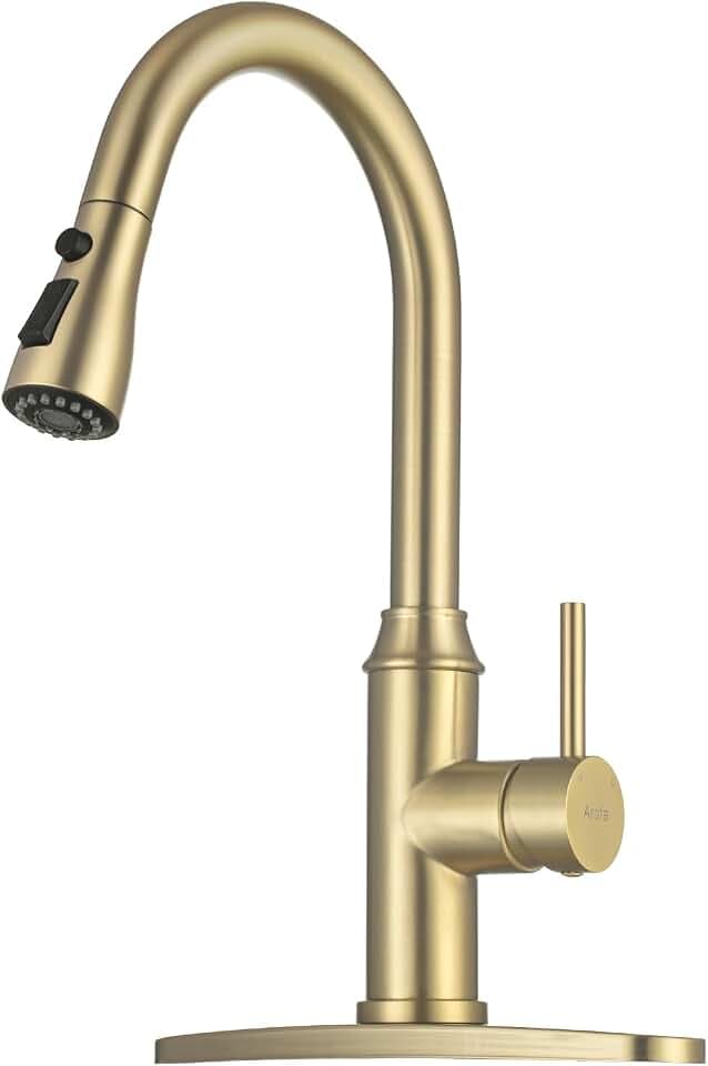 Arofa Brushed Gold Kitchen Faucet with Pull Down Sprayer, 3-Mode Sprayer