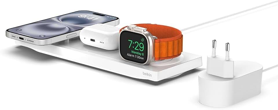 Belkin MagSafe drahtloses 3-in-1-Ladegerät, MFi-zertifiziertes Ladepad, MagSafe Ladestation für die iPhone 16, iPhone 15, 14, 13 und 12-Serie, Apple Watch 10/9/8/7/Ultra und älter, AirPods 3, 2, Pro
