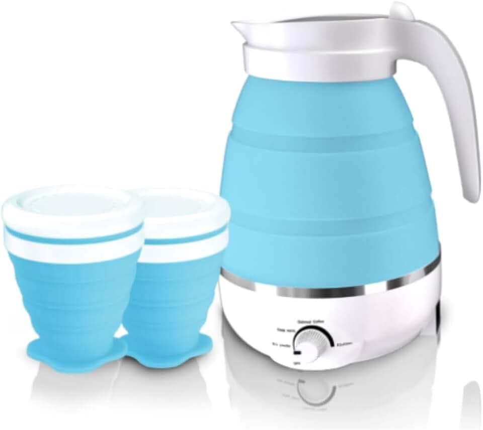 Faltbarer Wasserkocher,Elektrischer Wasserkocher,0.6L Tragbares Silikon Reisewasserkocher mit 2 faltbaren Becher,Temperatur-Einstellknopf,Mini Wasserkocher mit Edelstahlboden für Camping,Reisen(Blau)