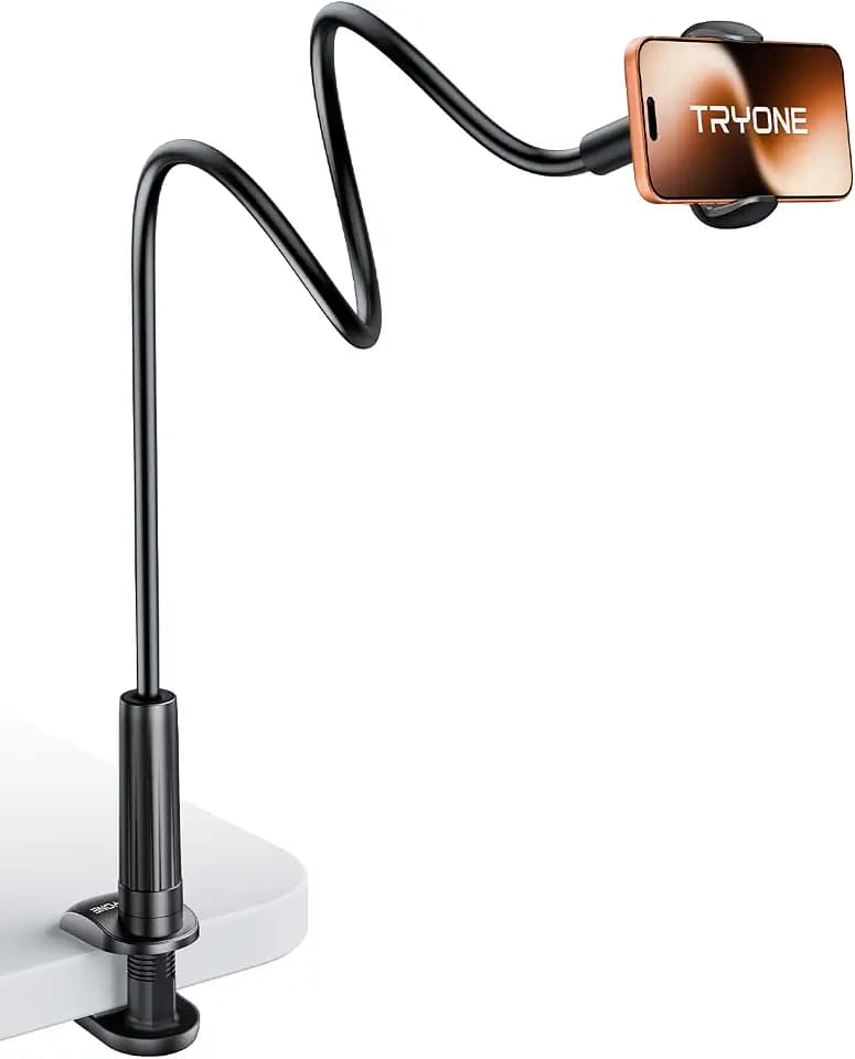Tryone Gooseneck Phone Holder Hands-Free for Phone Viewing Or Recording, Adjustable Stable Metal Cell Stand Mount for Desk Table Bed, Soporte para Celular, Fits 4-7 Phones Including iPhone - Black
