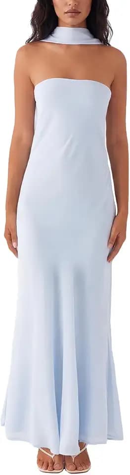 Women Floral Tube Maxi Dress with Scarf Summer Strapless Tube Bodycon Mesh Layer Cocktail Party Wedding Guest Dress