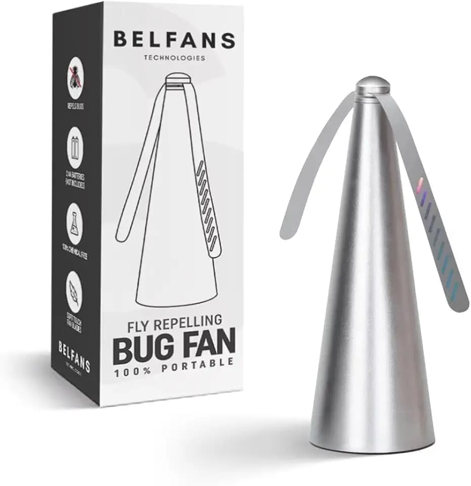 Belfans FlyRepellent Fan for Tables – Rechargable/USB Powered, Soundless Fly Swatter with Holographic Blades and Portable Fly Fan for Bees, Wasps & Outdoor Use (Silver Rechargeable)