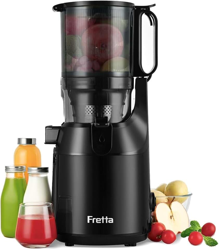 Fretta Entsafter Slow Juicer mit 135mm-1.8L XXL Öffnung,Entsafter Gemüse und Obst,250W MAX Mastizier- für Ganze Früchte,Einfache Reinigung BPA-frei | Tritan Material (Schwarz)