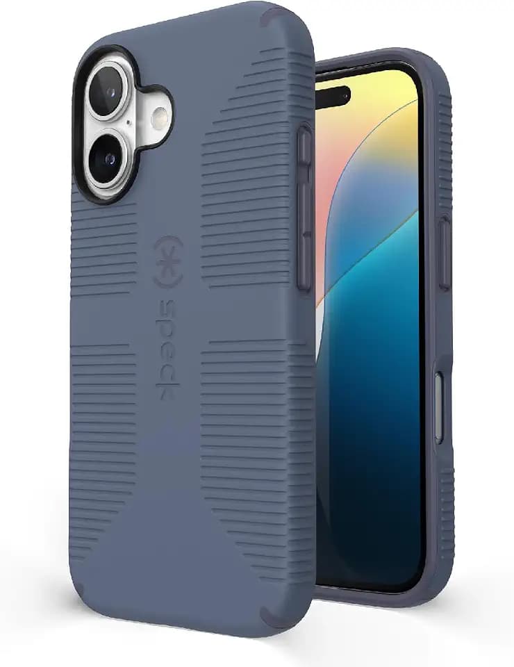 Speck CandyShell Grip Case for iPhone 16 – Slim Protective MagSafe iPhone 16 Case for Women & Men, Shock-Absorbing Anti‑Slip Phone Cover – Mystery Blue/Faded Denim