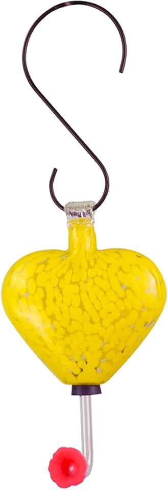 Red Carpet Studios Glass Hummingbird Feeder Heart-Shaped Hanging Garden Décor, Holds 6-Ounces Nectar, 13" Long, Yellow