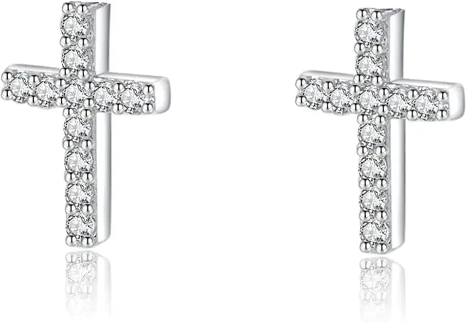 Tiny Cross Stud Earrings, 14K Gold Plated CZ Silver Earrings, Hypoallergenic Minimalist Small Stud Earrings for Women Men