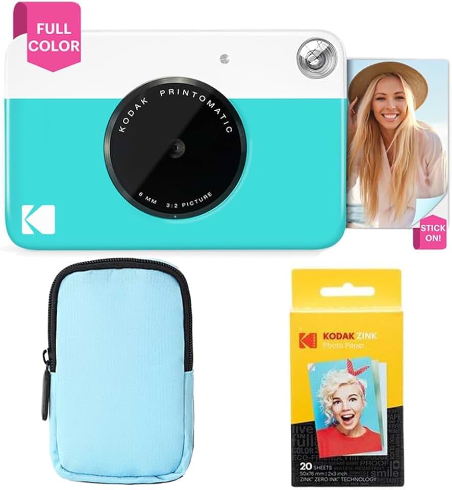 KODAK Printomatic Vollfarb-Sofortdruckkamera-Starterpaket + Softcase + Zink-Fotopapier (20er-Pack) – Bunte Fotos auf 2 x 3 Zoll großem Klebepapier – Blau