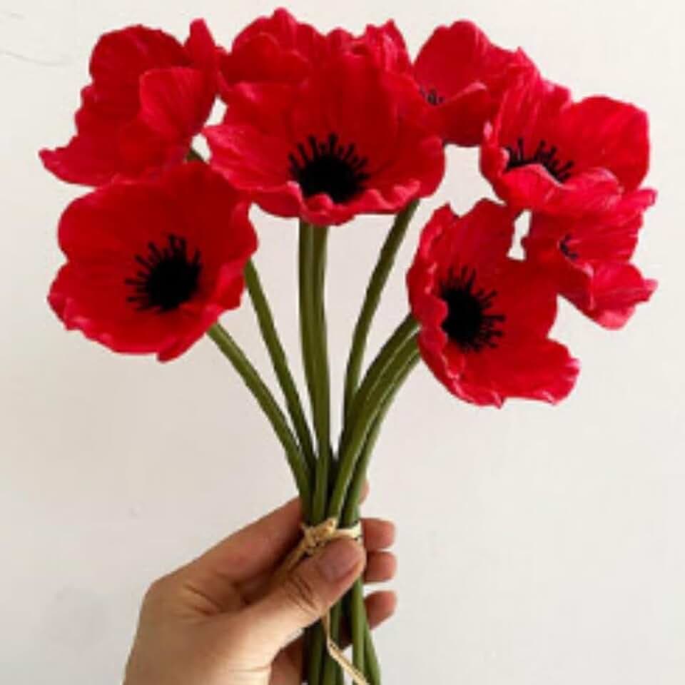 OUKEYI Künstliche Mohnblumen, künstliche Mohnblumen, Seide, kein Verblassen, PU-Latex-Blumen für Küche, Tisch, Tafelaufsatz, Hochzeit, Urlaub, Brautstrauß, Zuhause, Party-Dekoration, Rot, 10 Stück