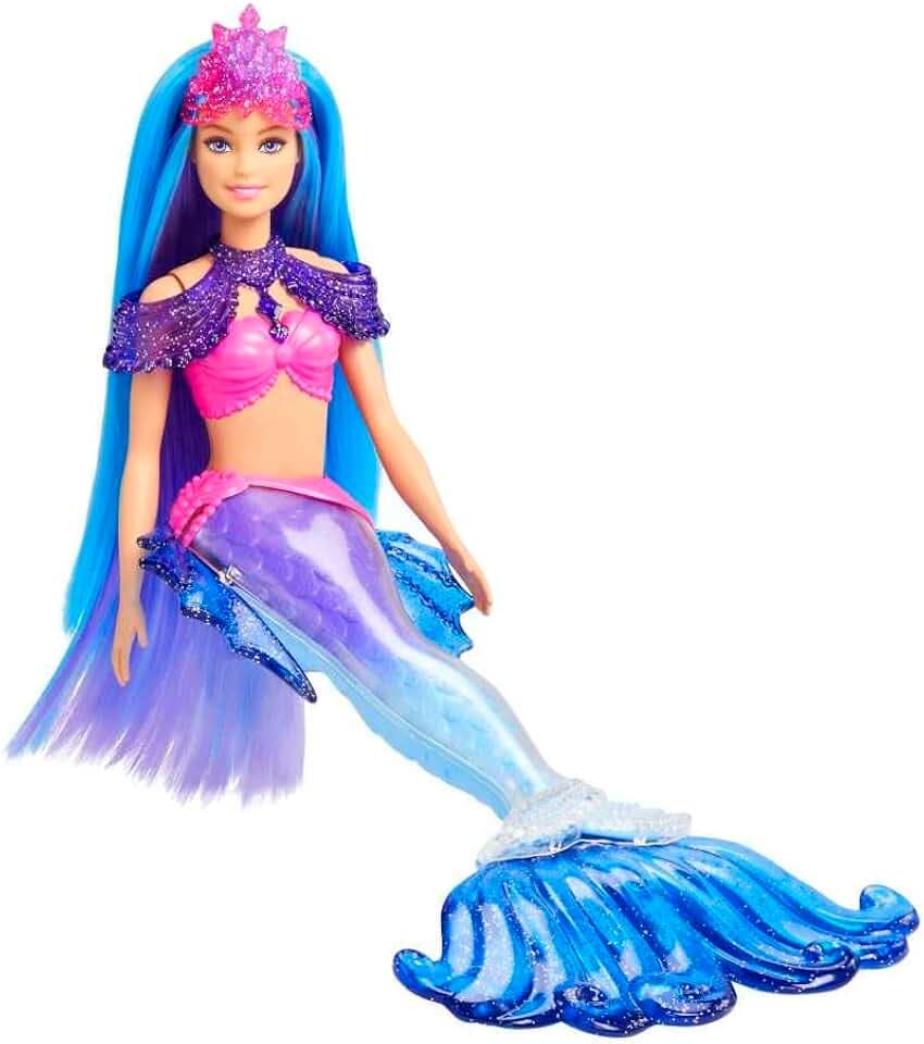 Barbie Mermaid Power, Puppe Meerjungfrau, Puppe mit blauen und lila Haaren, Meerjungfrauenschwanz mit austauschbaren Flossen, Zubehör, Geschenke für Kinder ab 3 Jahren,HHG52