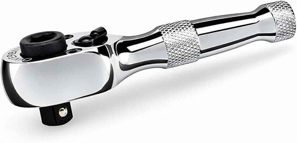 Powerbuilt Stubby Ratchet, Mini 1/4 Inch Ratchet Wrench, Reversible 72 Tooth, Tight Spaces, Quick Release - 940478