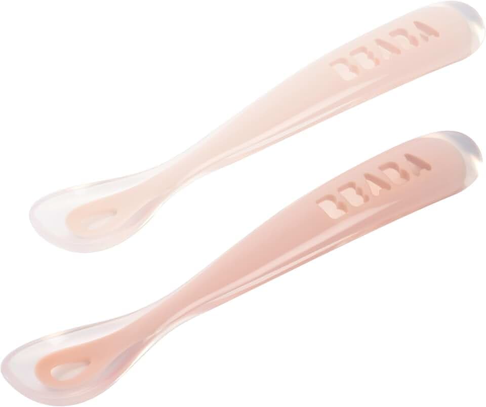 BÉABA - Baby Löffel - 2er-Set - Silikonlöffel - Fütterlöffel - Erste Mahlzeit mit Transportbox - Weiche Baby Fütterlöffel - Rosa