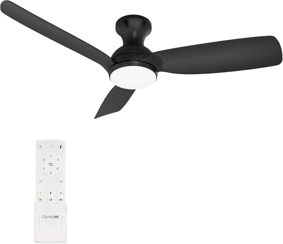 Consciot Ceiling Fan With Light, 44 Inch Low Profile Ceiling Fan with remote control, 6-speed choice, Reversible DC motor, 3CCT, Dimmable, Whisper, Easy Install, For Indoor and Covered Outdoor (black)