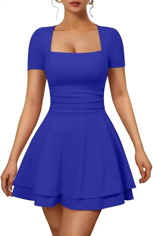 XXTAXN Womens Sexy Square Neck Short Sleeve Flowy Club Mini Dress