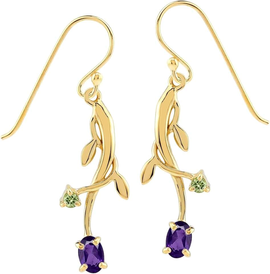 Silvershake Petite Gemstone White Gold Plated or Yellow Gold Plated 925 Sterling Silver Vine Leaf Dangle Hook Earrings Jewelry for Women or Teens