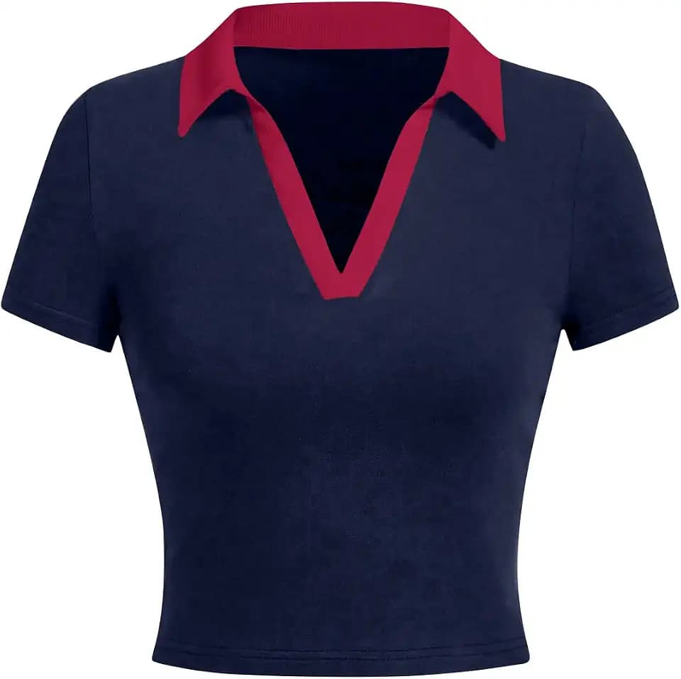 Avanova Women Polo Collared V Neck Tee Shirts Ringer Short Sleeve Crop Tops