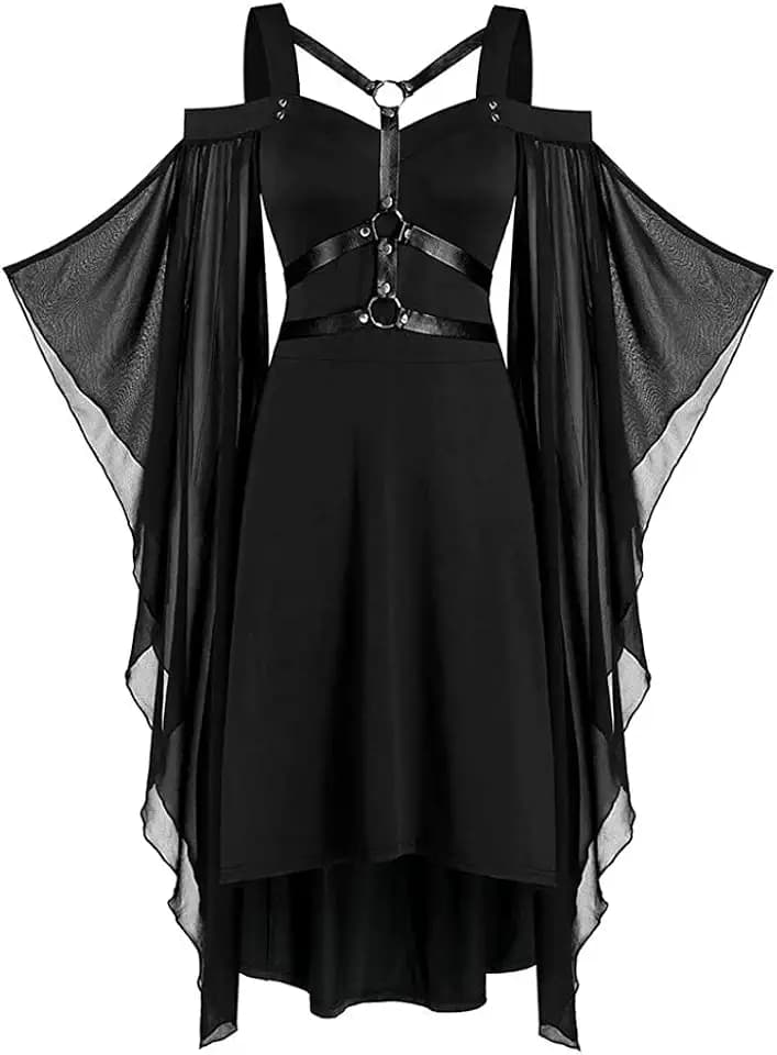 Halloween Karneval Kleid Damen 80er Jahre Mittelalter Kleidung Teufel Vampir Kostüm Schulterfreies Mesh Schmetterlingsärmel Gothic Vintage Clothes für Cosplay