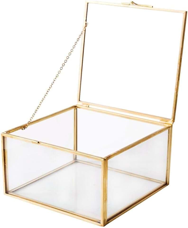 Goldene Schmuck-Box, Quadratisch, Vintage-Glas-Organizer, Dekorative Box für Heimdekoration, Messing und Klares Glas, 12,7 x 12,7 x 7,6 cm
