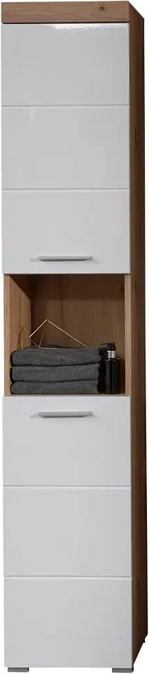 trendteam smart living - Amanda - Hochschrank - Eiche/Weiß Hochglanz - Badezimmerschrank mit 2 höhenverstellbaren Einlegeböden - (BxHxT) 37 x 190 x 31 cm - Badschrank mit 4 Fächern und Einer Ablage