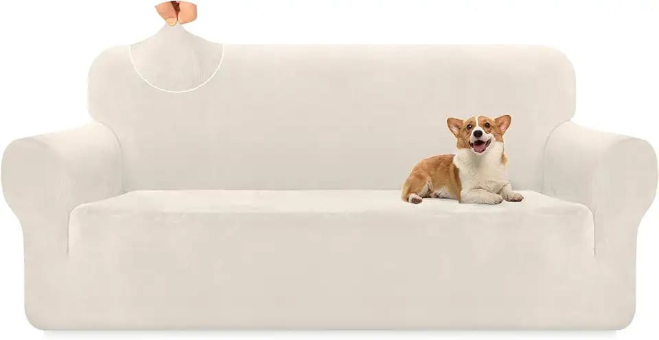 Granbest Premium Hochwertiger dicker Plüsch-Samt-Sofabezug, hochdehnbar, superweicher Sofa-Schonbezug, Luxus-Möbelschutz für Haustiere und Kinder (3-Sitzer, Cremeweiß)