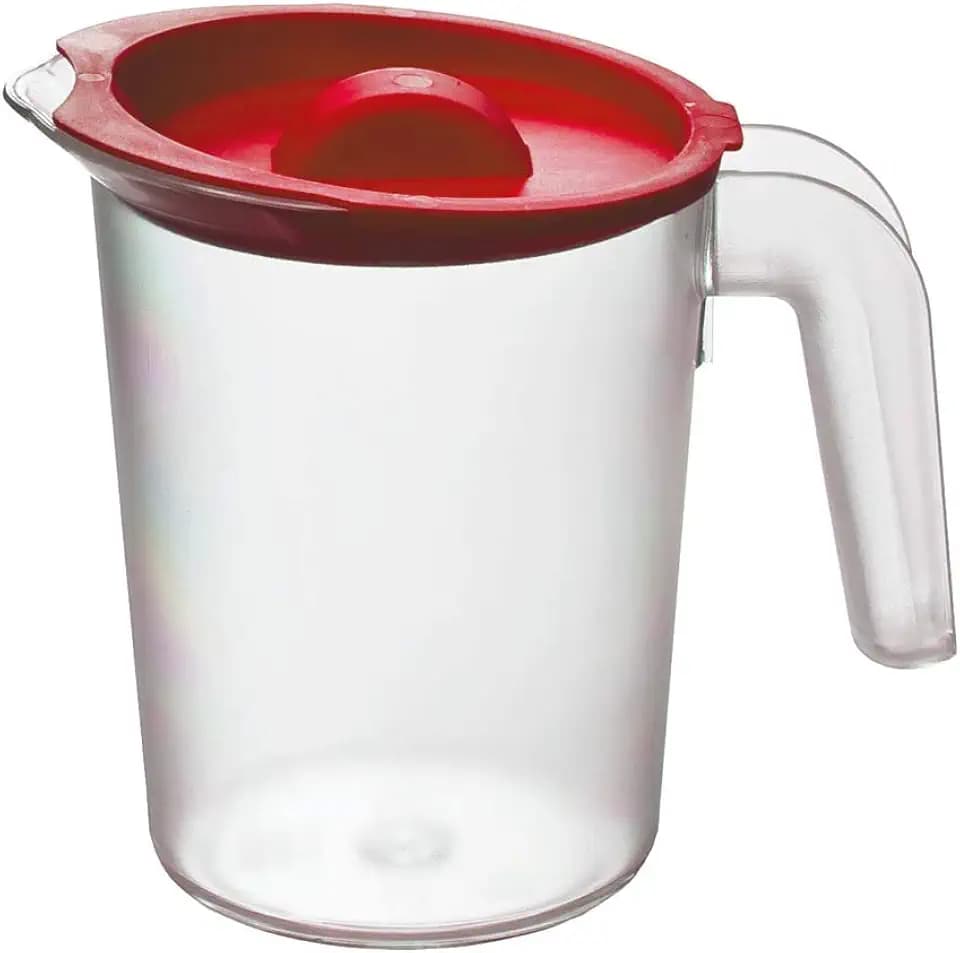 Roltex Kleine Karaffe 500 ml aus transparentem Kunststoff, blickdicht, mit rotem Deckel
