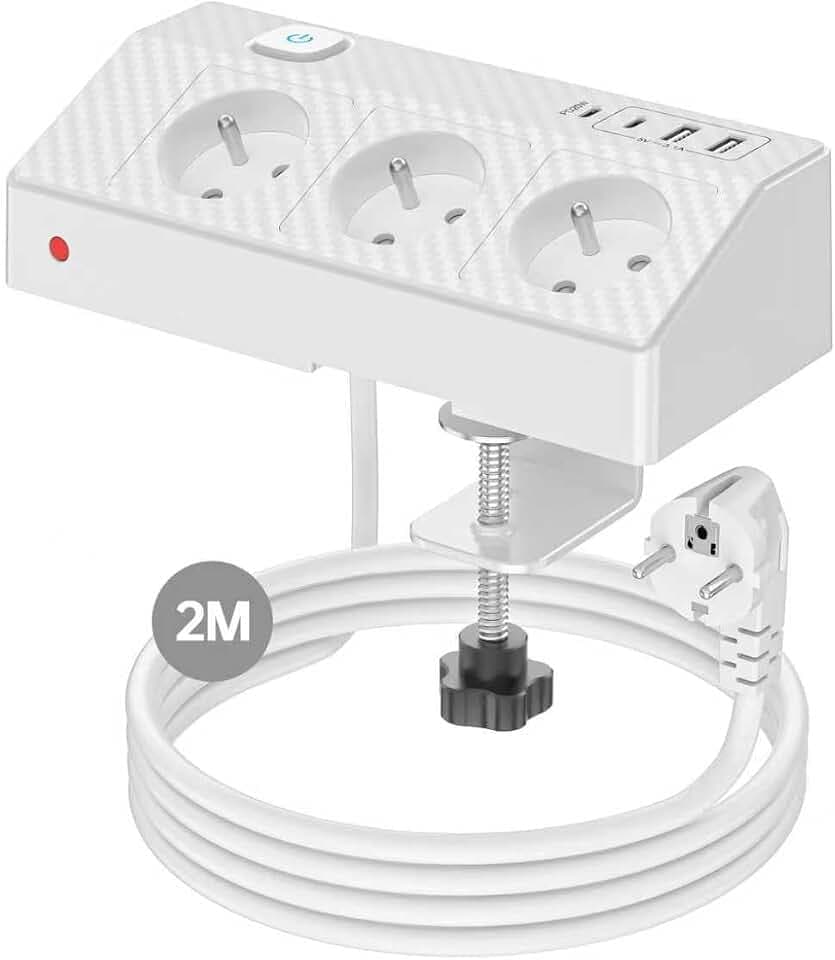 Steckdosenleiste für Büro, PASSUS 7-in-1, Steckdosenleiste mit 3 französischen AC-Anschlüssen, 4 USB-Ports (davon USB-C PD 20 W), Schalter, Überspannungsschutz, Kabel 2 m, 4000 W/16 A