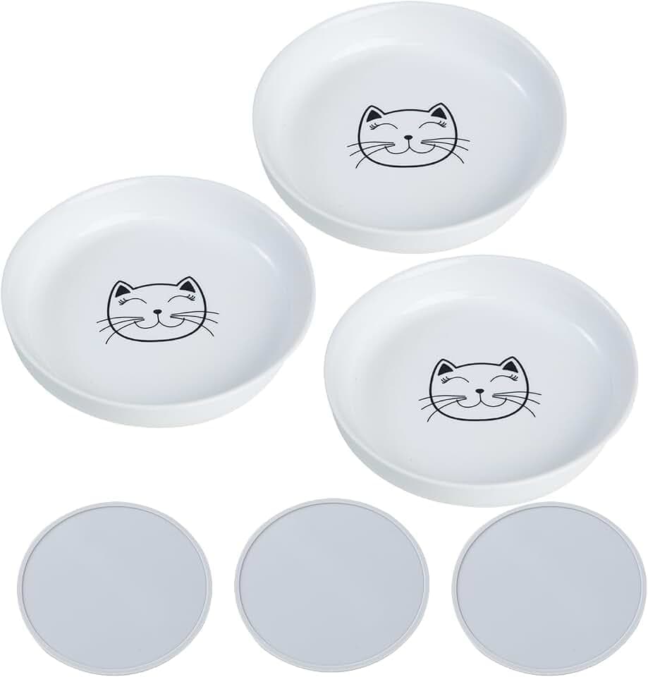 Lusifaco 3 Keramikteller für Katzenfutter mit Matte, weiß