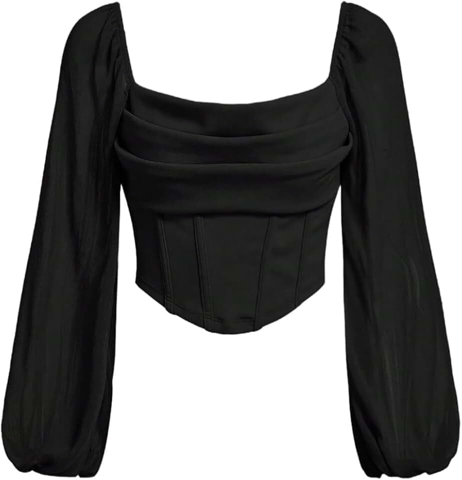 WDIRARA Women's Square Neck Mesh Long Sleeve Corset Crop Tops