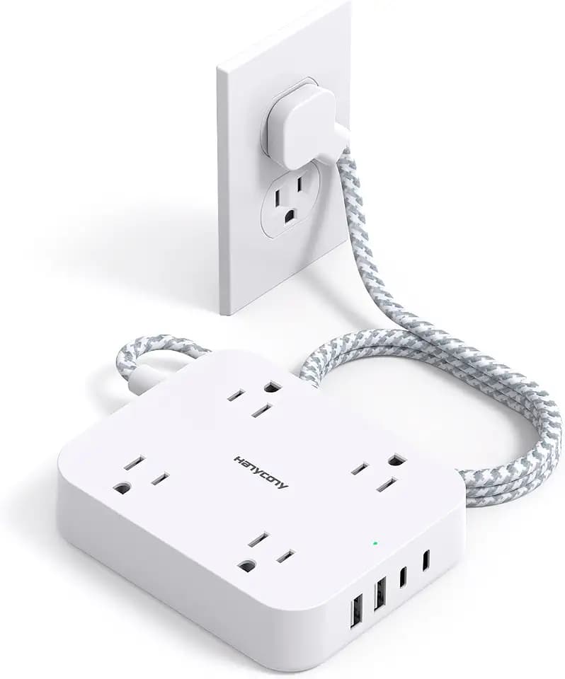 Flat Plug Extension Cord, 4 Widely Power Strip with 4 USB Ports(2 USB C)
