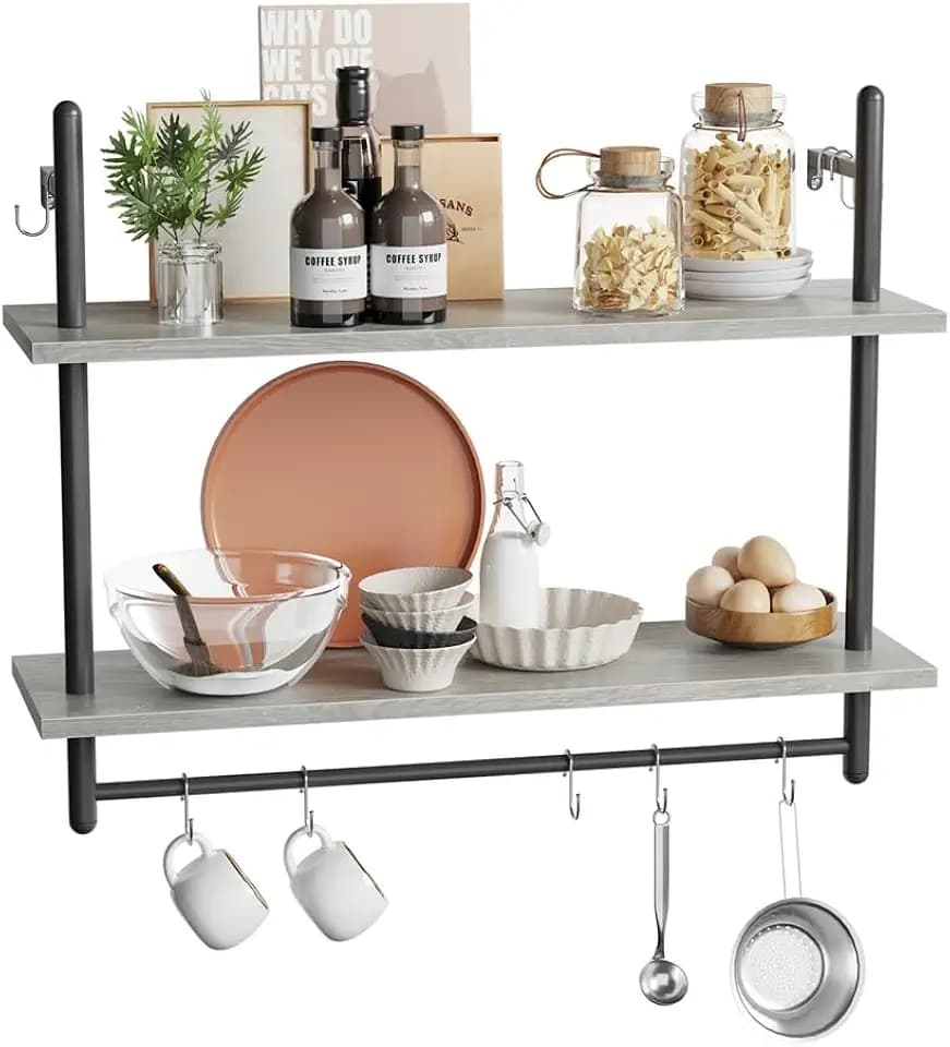 Bestier 80 cm 2-stufiges schwebendes Rohrregal, industrielles wandmontiertes Leiterregal mit Rundrohr und Haken, Holzregal für Dekoration und Aufbewahrung (Grau, 80CM)