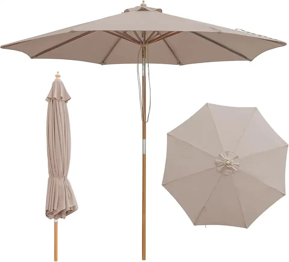 9FT/10FT Bamboo Patio Umbrella, UPF50+ Outdoor Table Umbrella