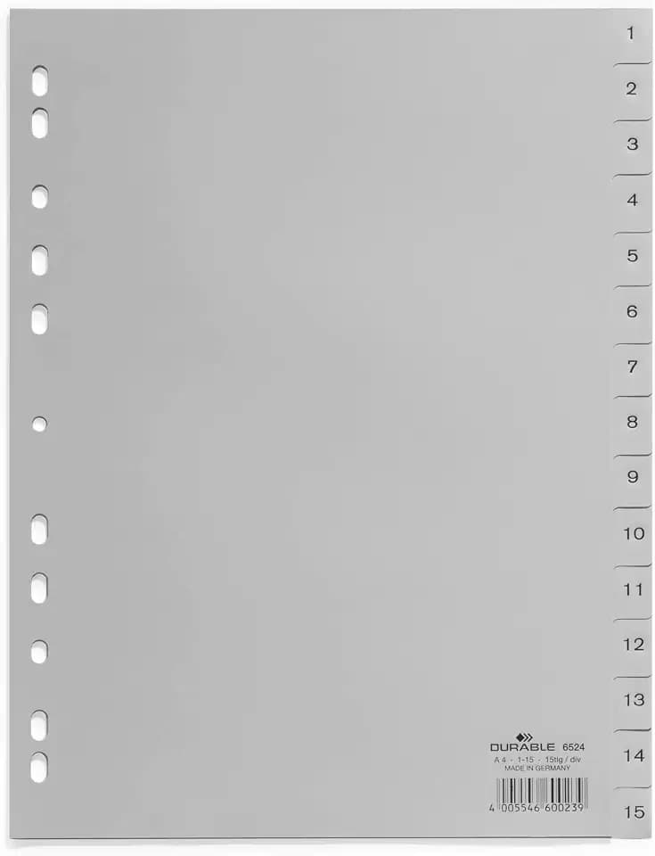 Durable Zahlenregister A4, geprägte Taben 1-15, 20 Stück, grau, 652410