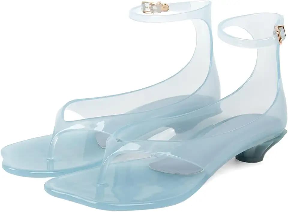 Agodor Jelly Thong Heeled Sandals for Women,Clear Flip Flop Low Kitten Heels for Women Square Open Toe Strappy Summer Casual Beach Adjustable Buckle Dress Sandals
