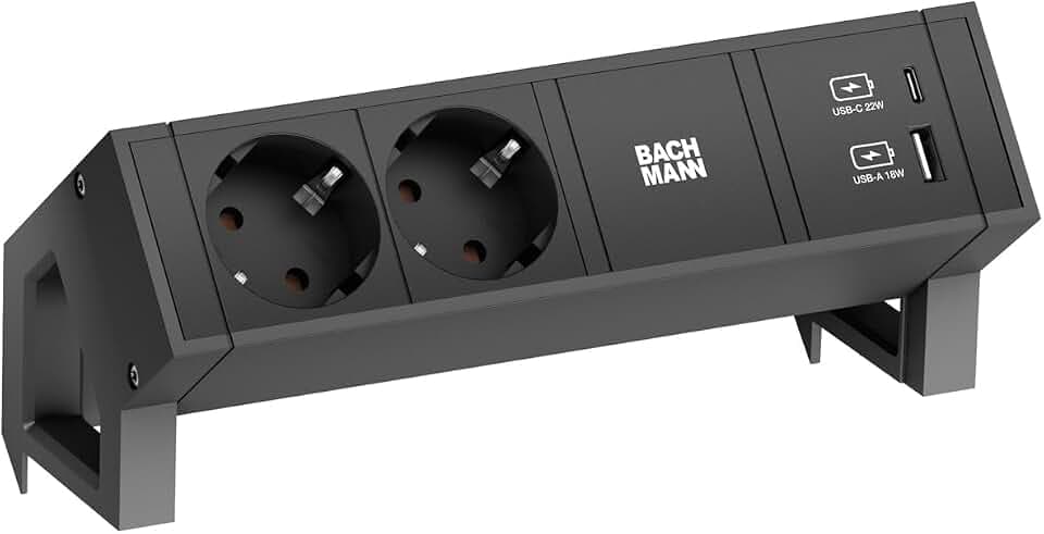 BACHMANN DESK2 2xSchutzkontakt USB A&C, USB Charger 22W 0,2m GST18 Schwarz
