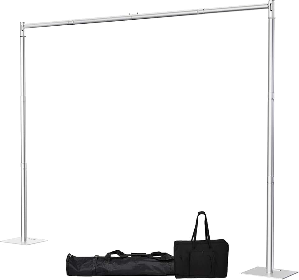Pipe and Drape Backdrop Stand, 10x10ft Heavy Duty Backdrop Stand with Metal Base, Adjustable Height & Width, Silver Background Holder for Wedding Photography Birthday Party Baby Shower（Capacity of up to 25 lbs）