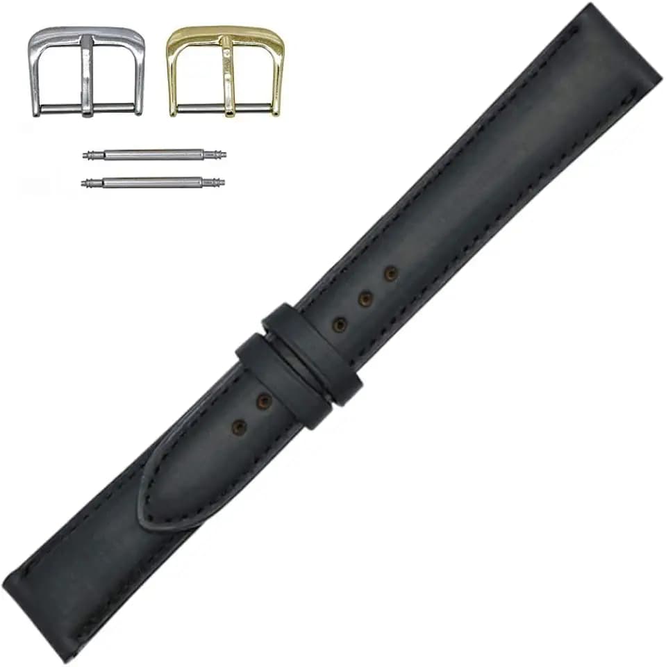 Genuine Leather Watch Band Leather Watch Strap with Hand-Painted Edges | Leather Watch Band with Interchangeable Gold And Silver Buckles & Complementary Spring Bars