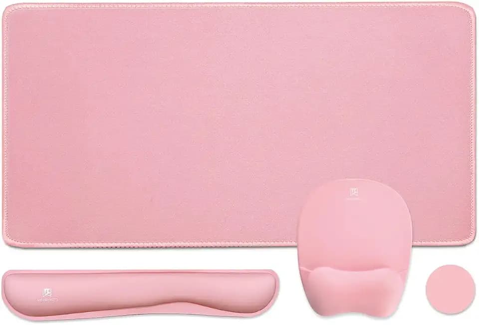 Keyboard Wrist Rest Large Mouse Pad Wrist Support for Computer, 4 in 1 Memory Foam Keyboard Pad Desk Mat Ergonomic Hand Rest Wrist Cushion for Home Office Gaming-Pink
